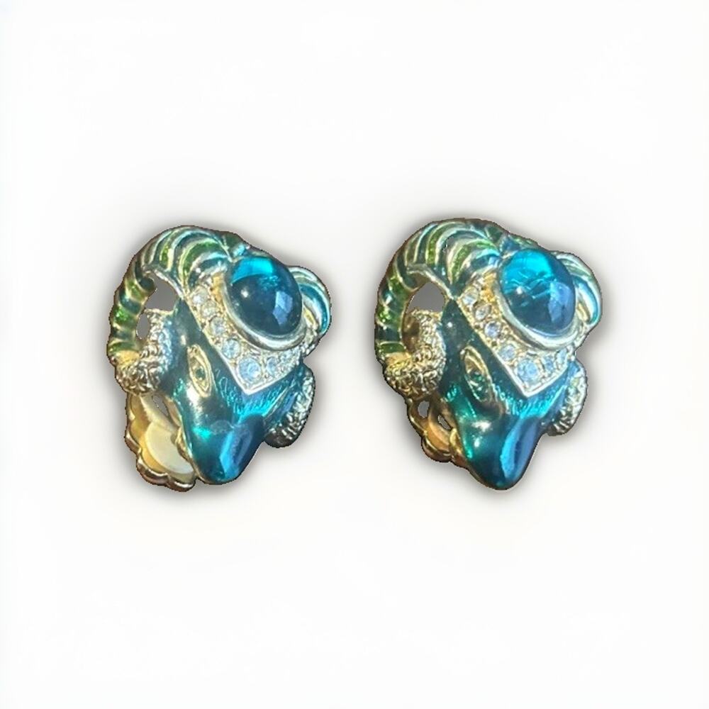 Vintage Rams Head Cabochon Gold Tone & Rhinestone Jeweled Clip Earrings 1.5”